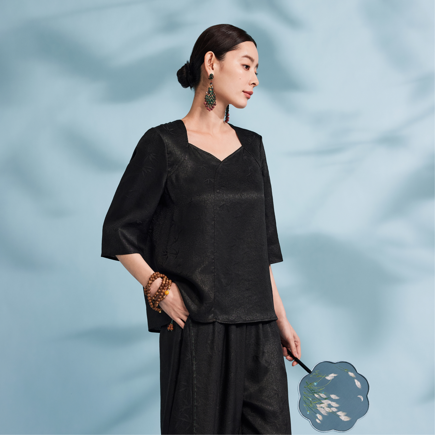 萧娘【竹叶】纱萝香云纱新中式桑蚕丝女士上衣中国风1048