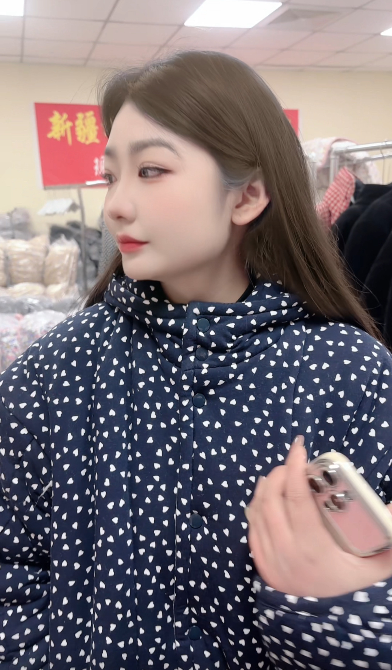 【LZW】新疆棉长袍（藏蓝爱心）衣长110加大口袋外套女款长款时尚连帽