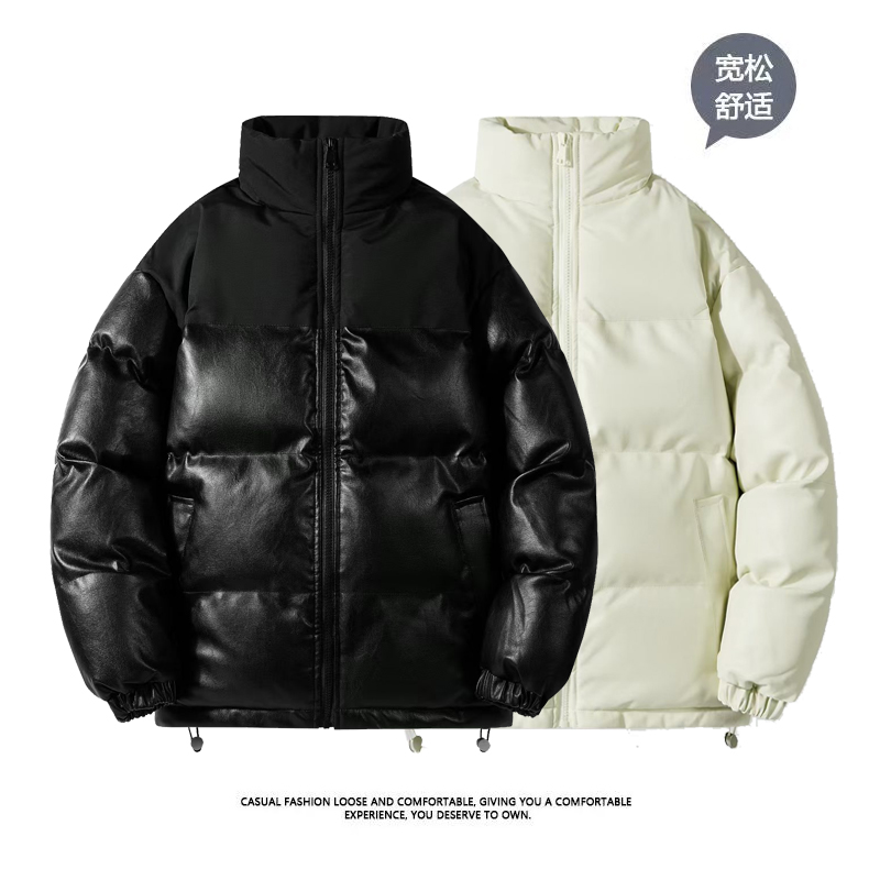 2025秋冬加厚保暖情侣棉服时尚百搭防水pu皮面包服运动男女9898