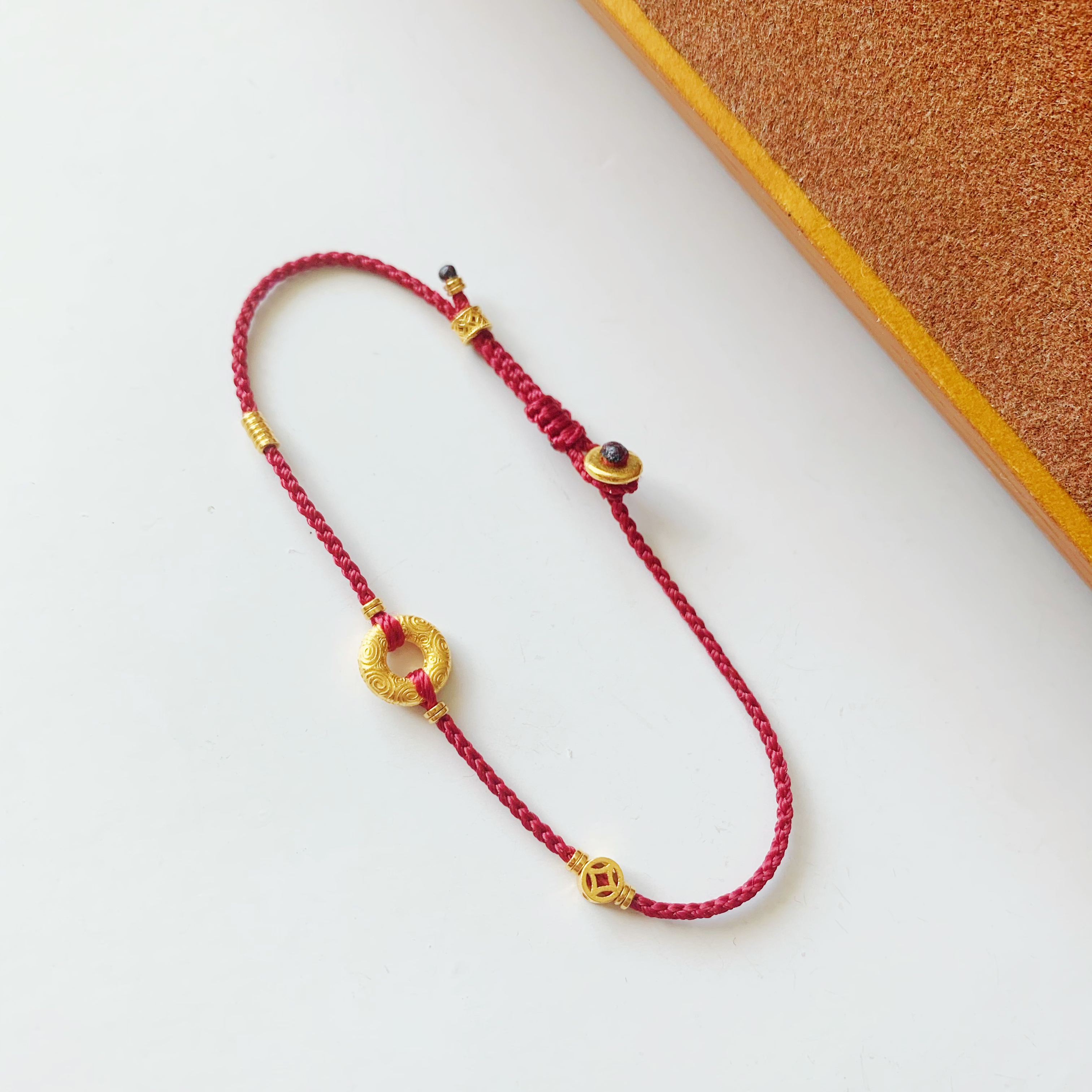 「平安顺遂」足金999黄金手工编织小众手绳红绳礼物女友情侣款脚链 