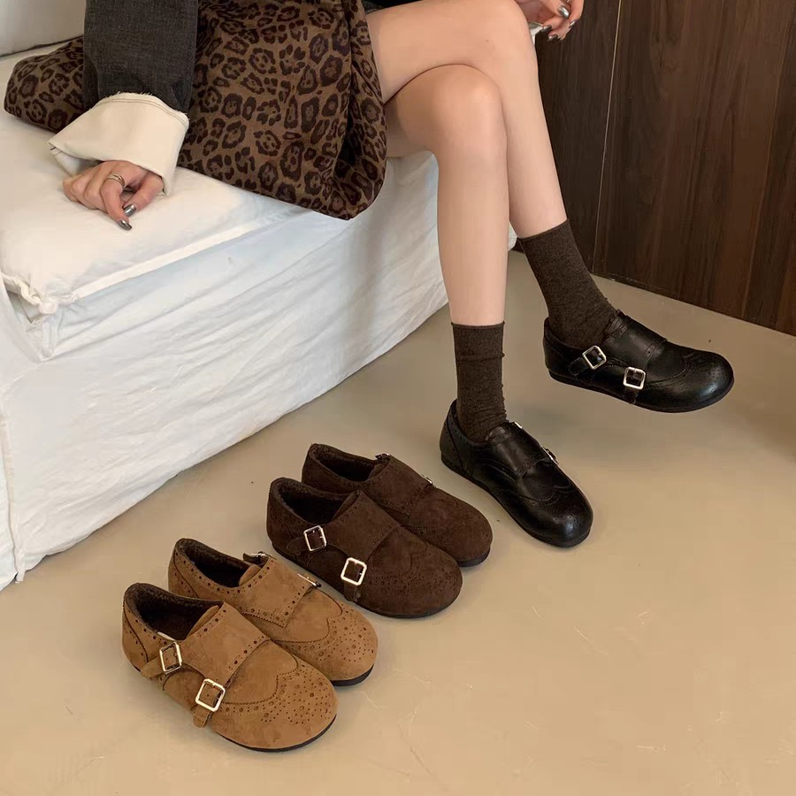 英伦风复古雕花加绒乐福鞋女2025新款秋冬季绒面雕花小皮鞋6522