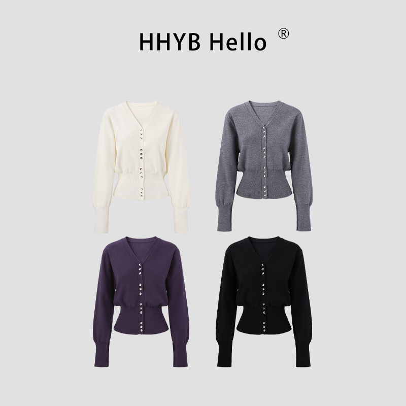 HHYB Hello精致感V领短款收腰毛衣2025秋韩式针织衫上衣女M1465