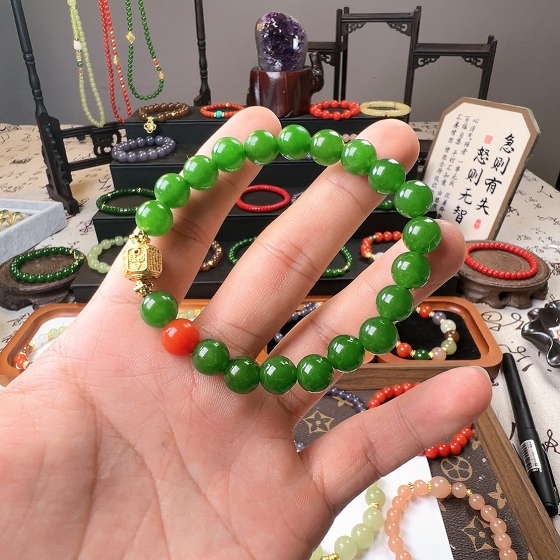 和田玉未镶嵌手链菠菜绿设计手串