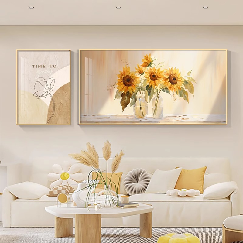 2025 向日葵现代简约客厅沙发背景墙二联画奶油风高级肌理感挂画