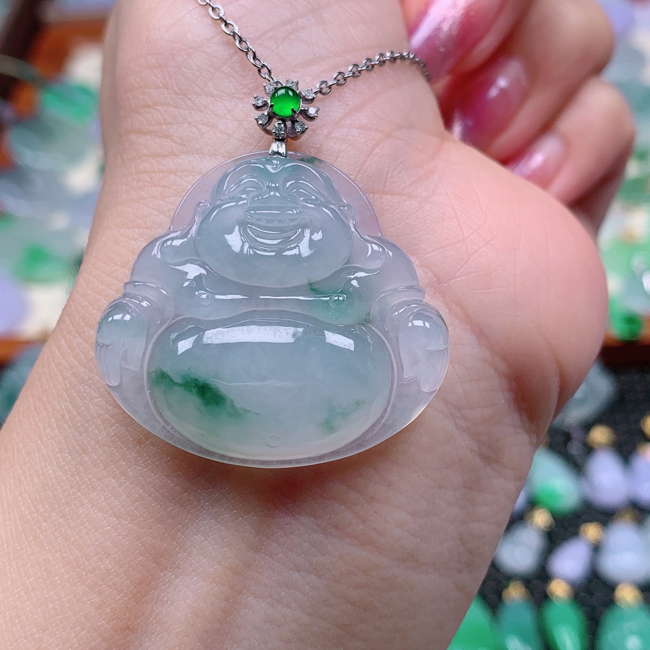 缅甸天然A货翡翠，冰飘花一刀切佛公，编号163/1129尺30-33,8-6.2