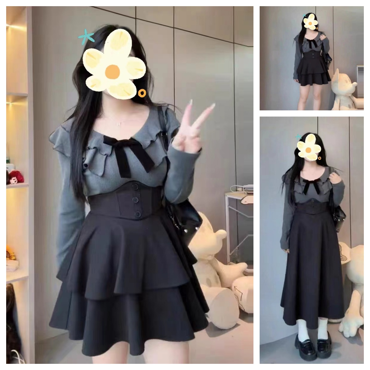 大码微胖鱼骨束腰短裙套装女秋冬胖mm显瘦针织上衣+半身裙两件套