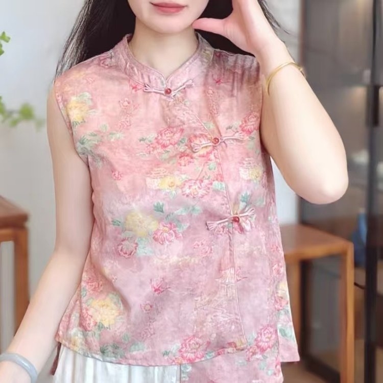 新中式复古立领宽松夏季印花小衫时髦中国风气质女装