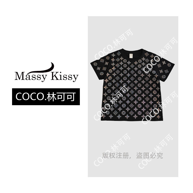 【COCO 林可可】欧货螺纹棉正肩打底衫重工烫钻短袖黑色T恤女