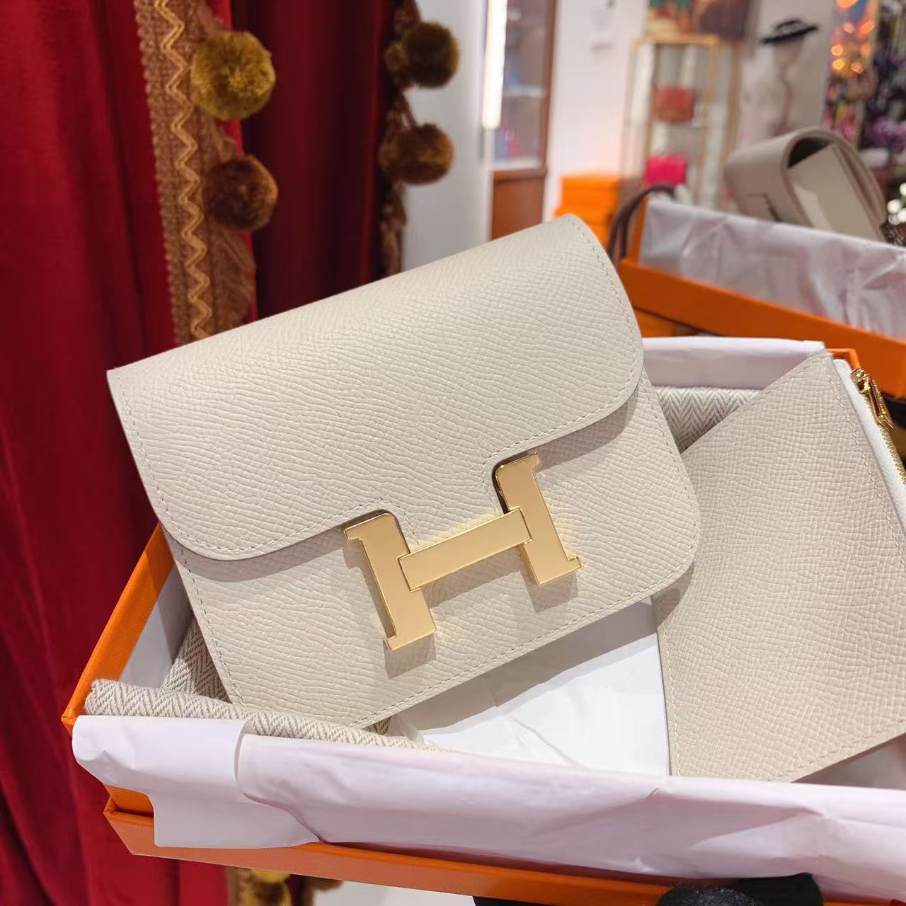 95新 Hermes/爱马仕 GGS爱马仕Constance slim奶昔白金扣22355884