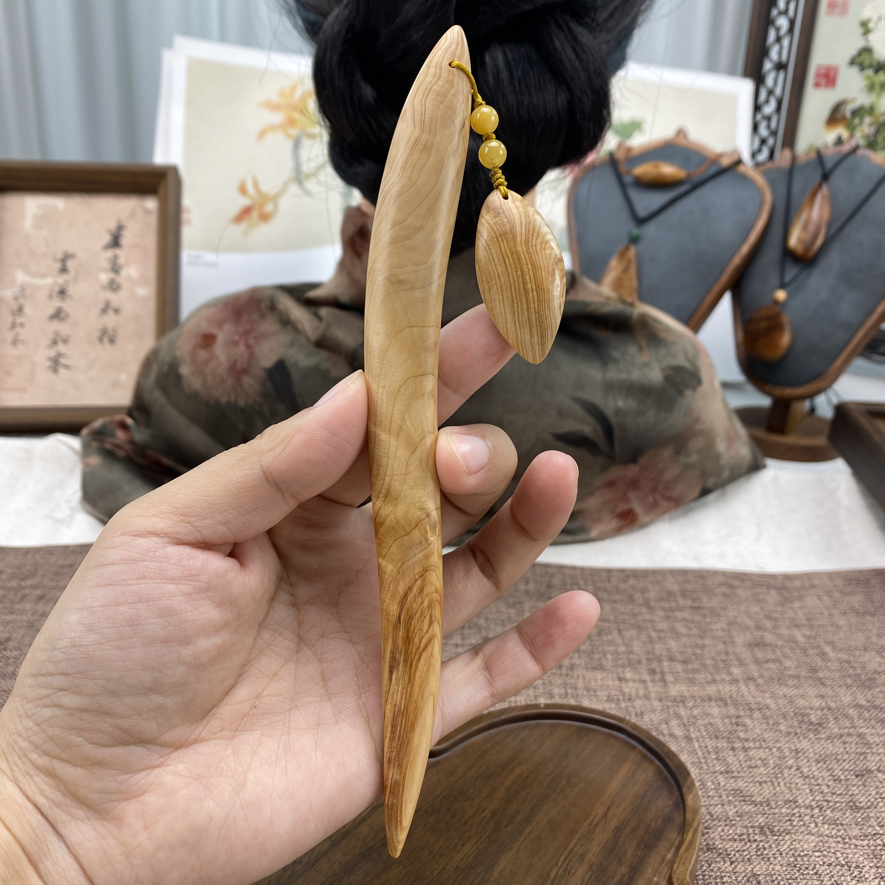 18.2cm手工崖柏秋叶步摇y808波浪纹步摇日常古典极简百搭国风发簪