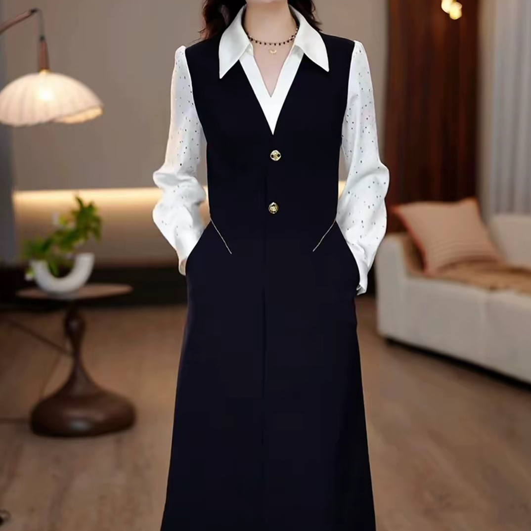 A0823秋季新款翻领白衬衫设计假两件长袖气质显瘦连衣裙默认微瑕