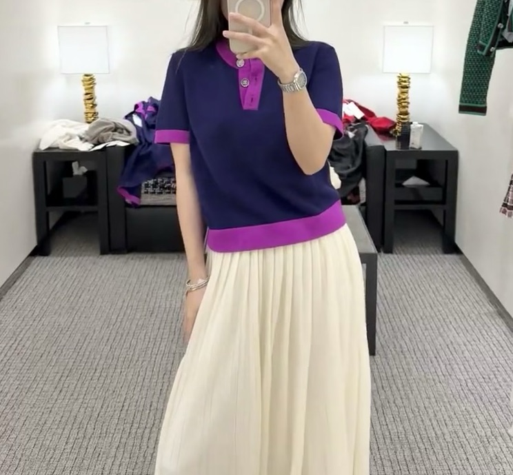 未使用 Chanel/香奈儿 蔚蓝/23B羊绒拼色短袖38码