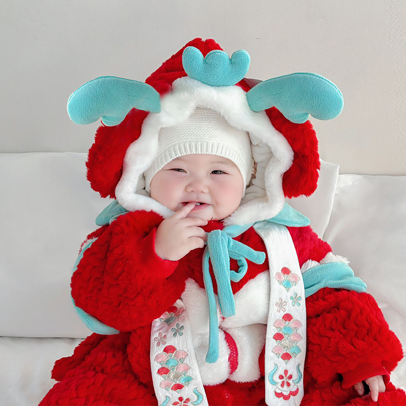 婴儿拜年超萌冬装加绒加厚连体衣可爱喜庆冬季新年宝宝衣服过年