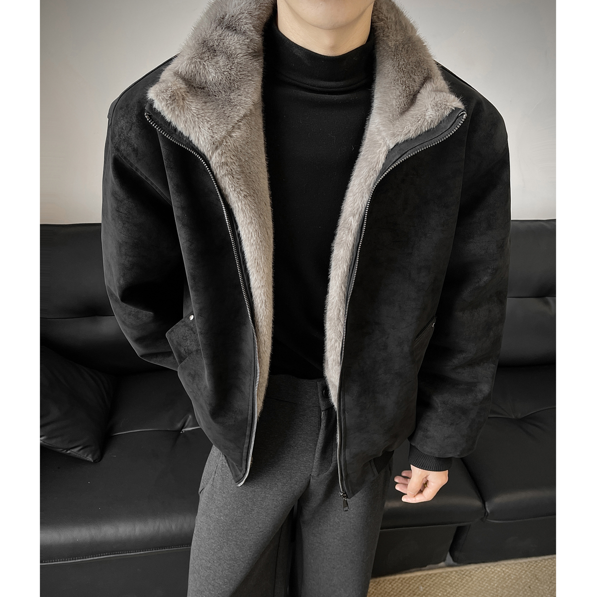 冬季仿双色貂毛重磅加绒保暖男士美式复古座山雕棉服加厚夹克外套