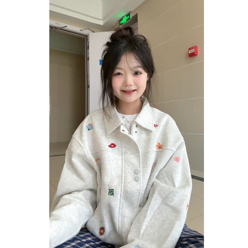 国潮牌美式高街花卉刺绣夹克外套女秋冬宽松设计感小众开衫上衣服