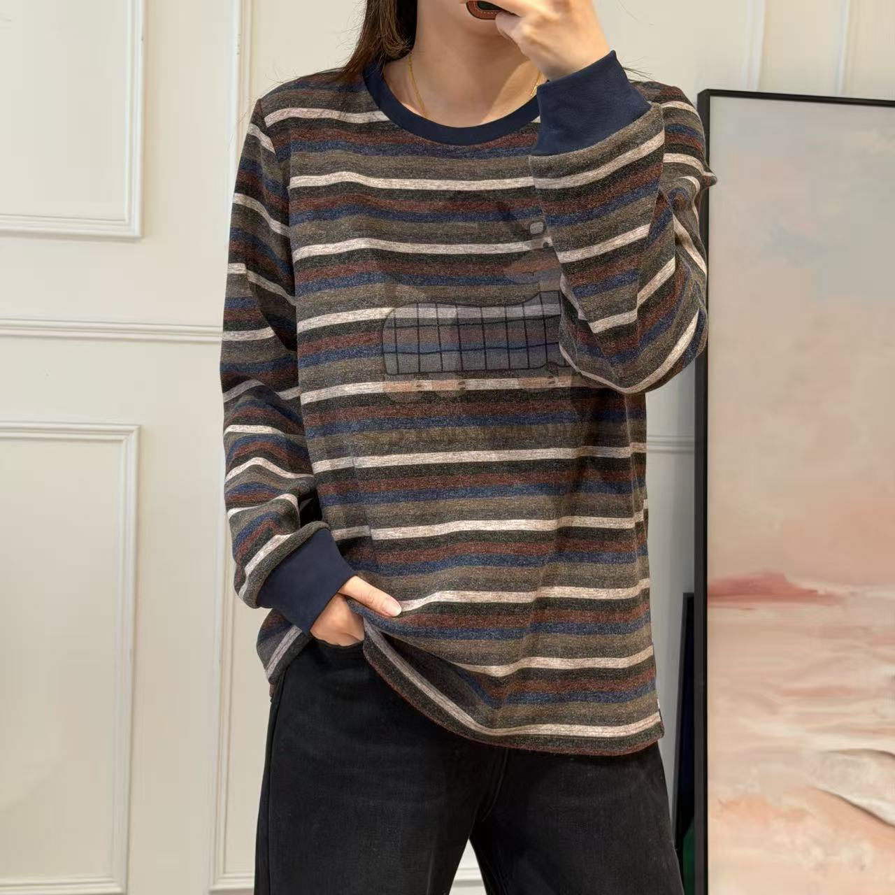 NANA【隐形小狗】秋冬圆领撞色条纹长袖T喜爱狗印花宽松时尚C0604