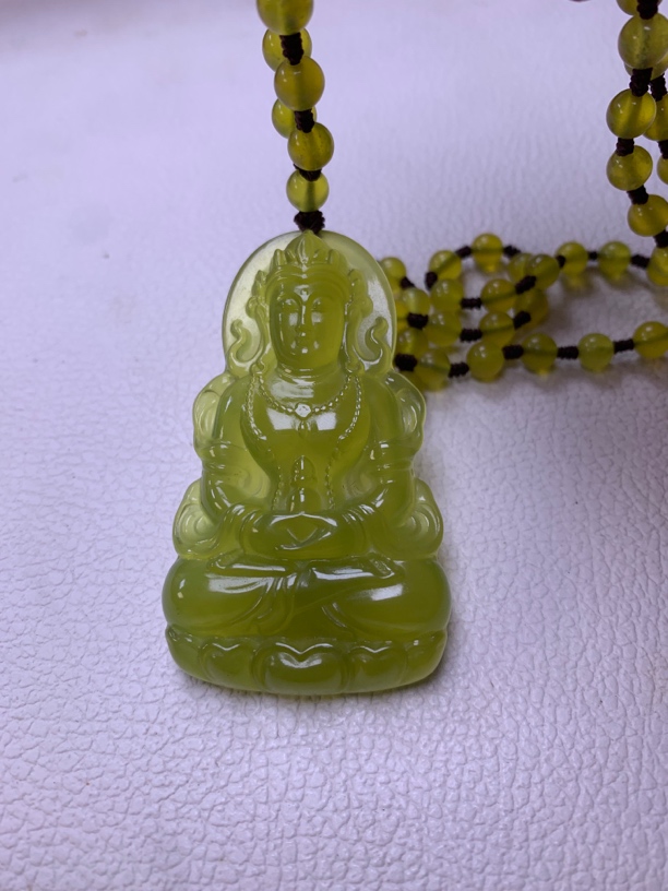 天然精品岫玉黄金玉度母观音高冰种高油脂果冻胶吊坠挂料颈饰