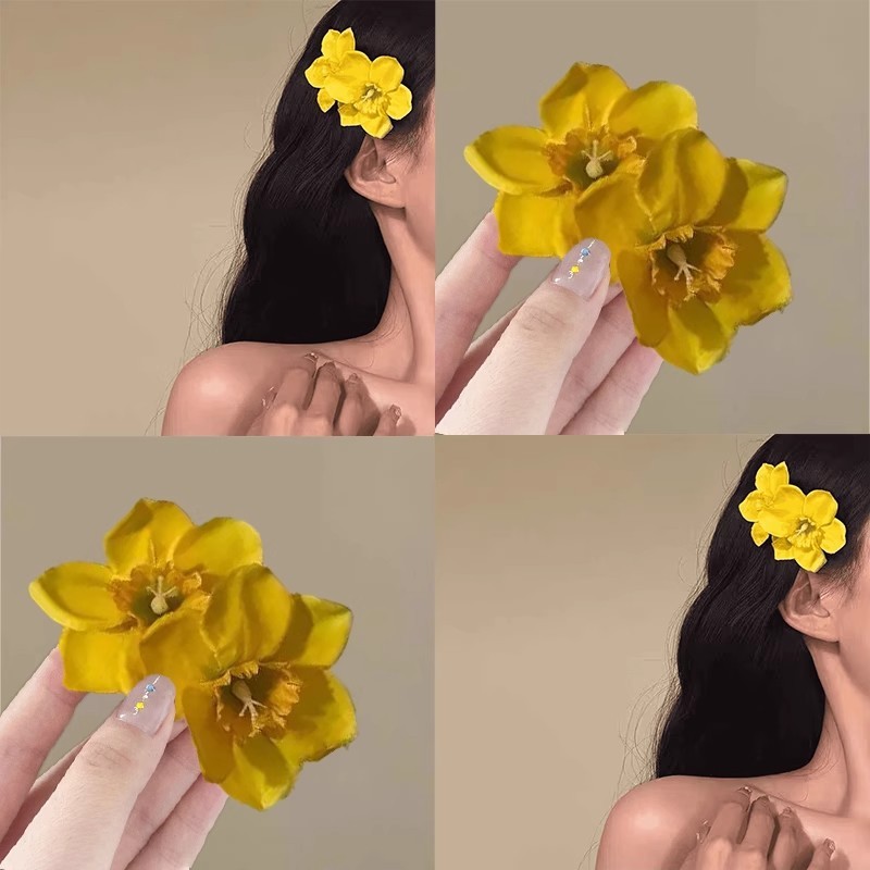黄色花朵刘海发夹女前额小众侧边夹海边拍照发饰氛围感鸭嘴夹发卡