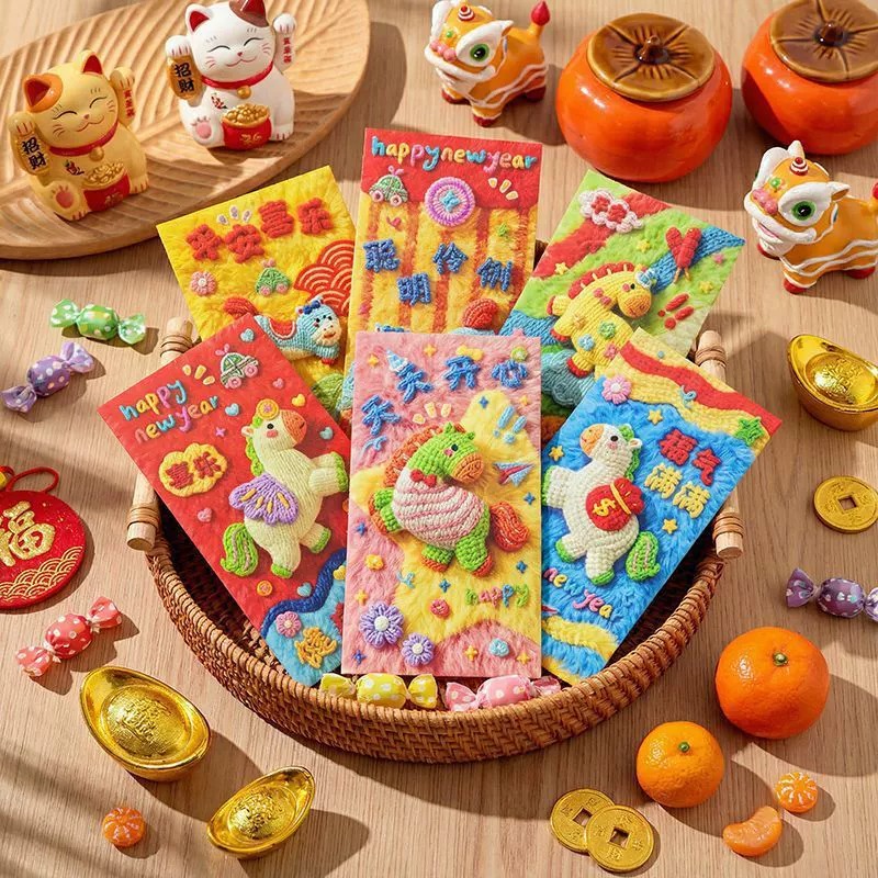 2026马年5D平面立体毛绒刺绣红包可爱卡通版创意元宵节春节压岁包