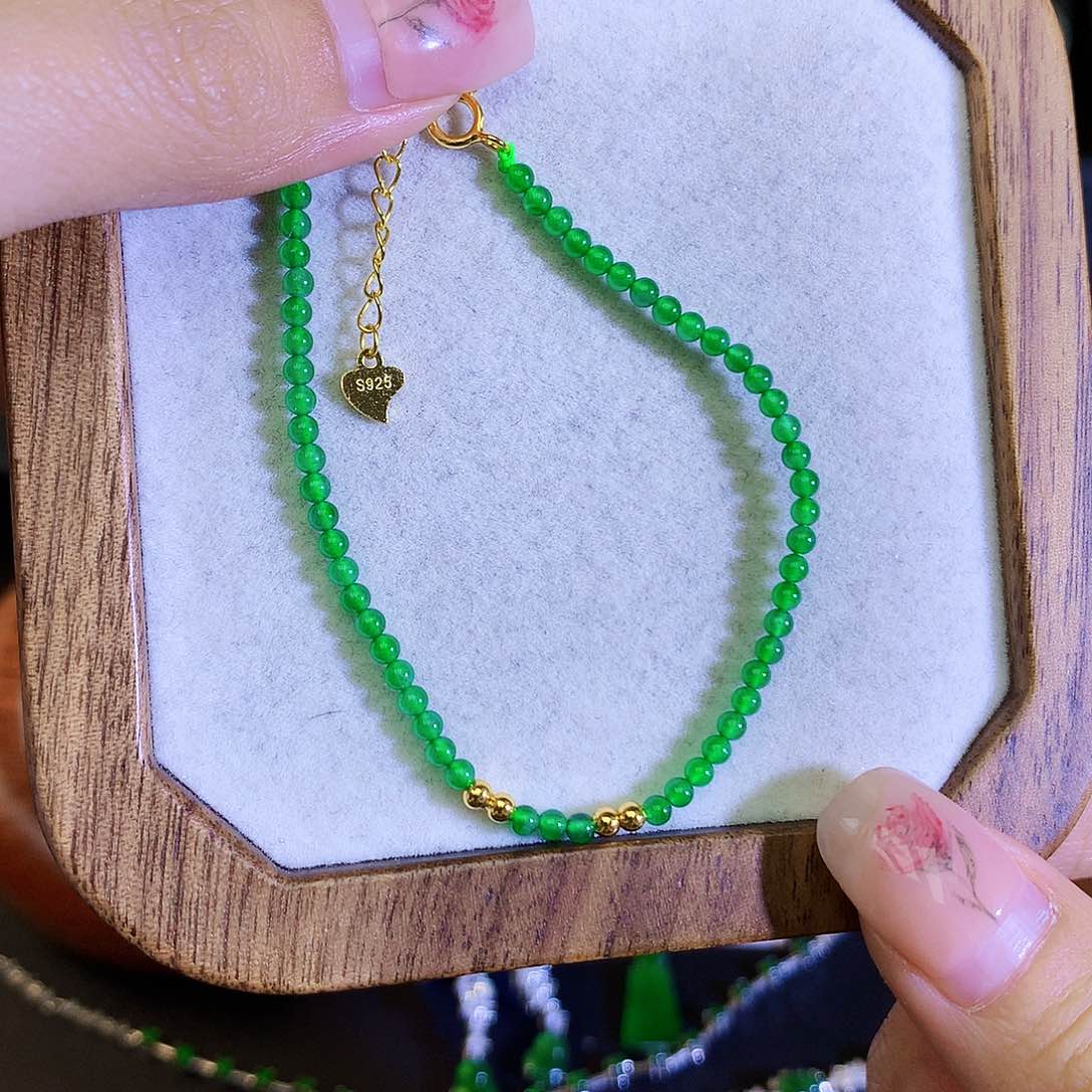 翡翠手链银S925镶嵌天然翡翠米珠手链