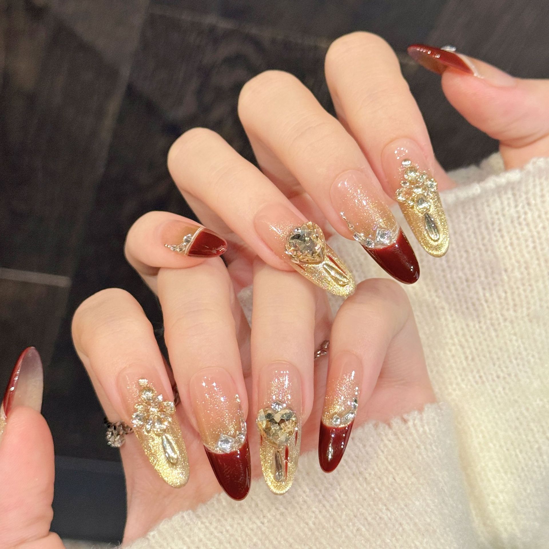 【金焰钻冕】纯手工穿戴甲红金渐变满钻奢华长款美甲贴片-15