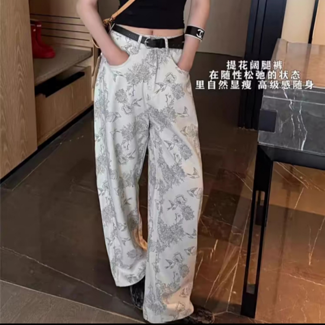 白色高腰提花阔腿裤7180