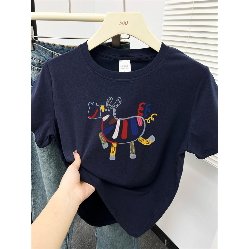 正肩短袖T恤女夏季2025新款韩版大码胖mm印花显瘦圆领别致上衣潮