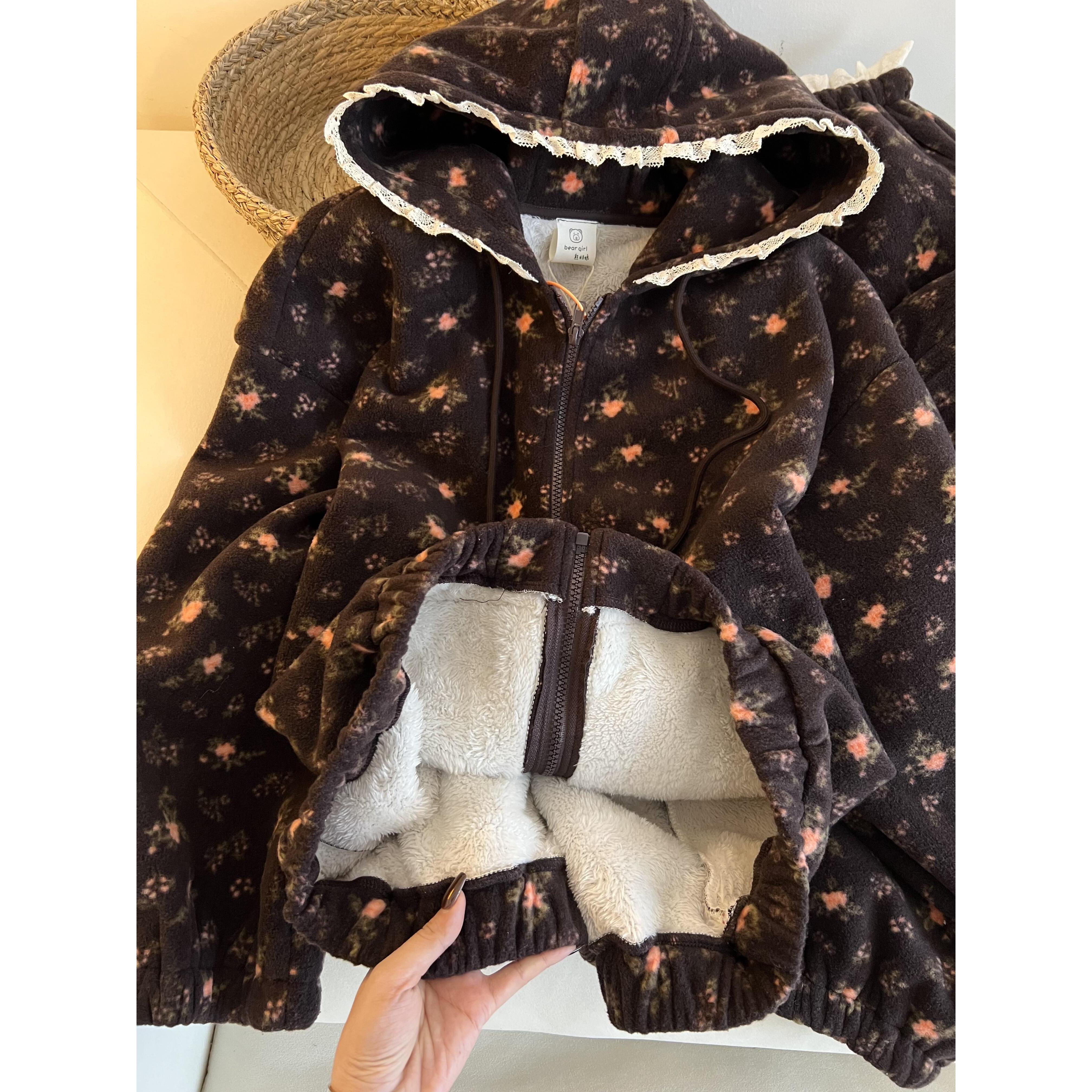 珊瑚绒花边长袖睡衣女冬季新款连帽开衫外套加厚毛茸茸家居服套装