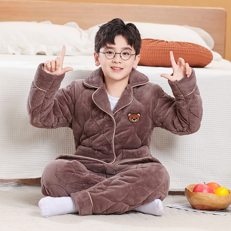 冬季加绒儿童女童睡衣三层夹棉睡衣家居服套装