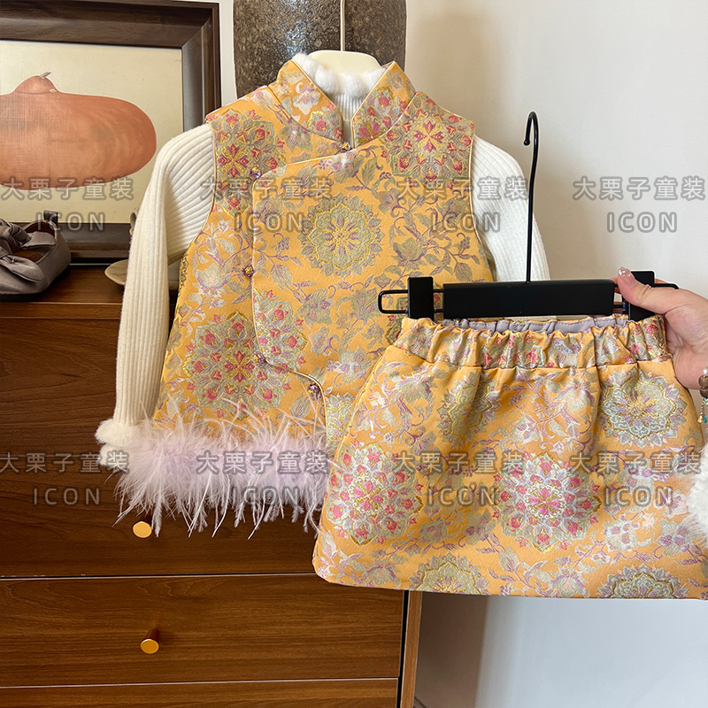 大栗子儿童女童新中式套装25秋冬小童中国风盘扣马甲半裙拜年服