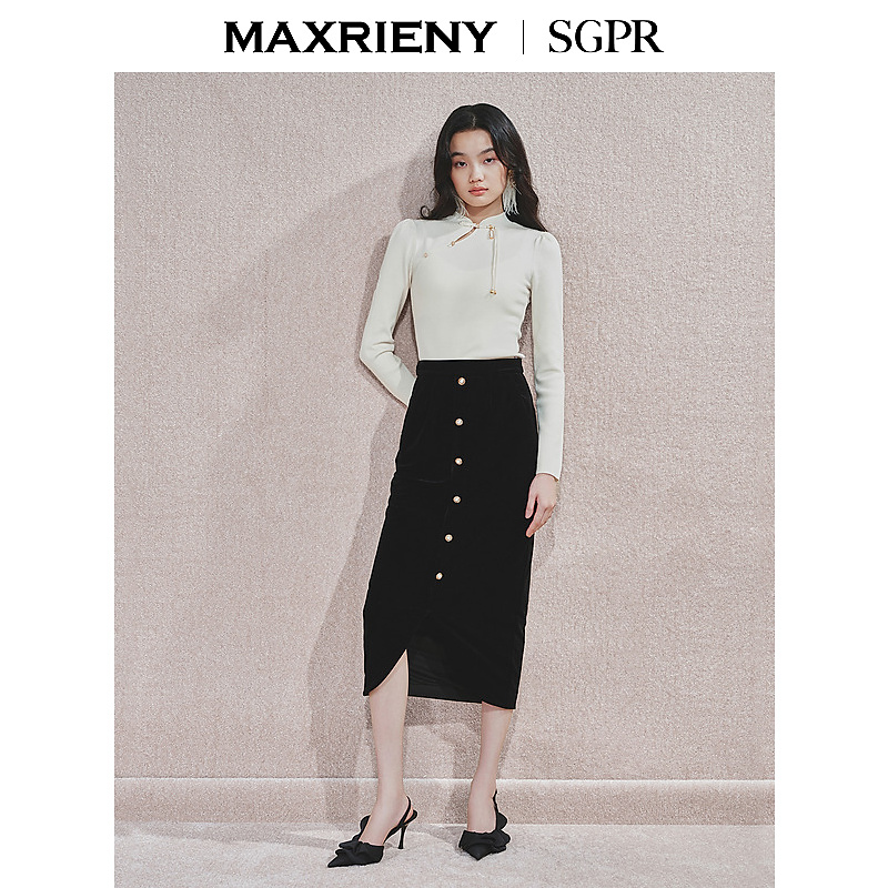 MAXRIENY【商场同款】精致复古感丝绒半裙24冬新款高腰修身开叉裙