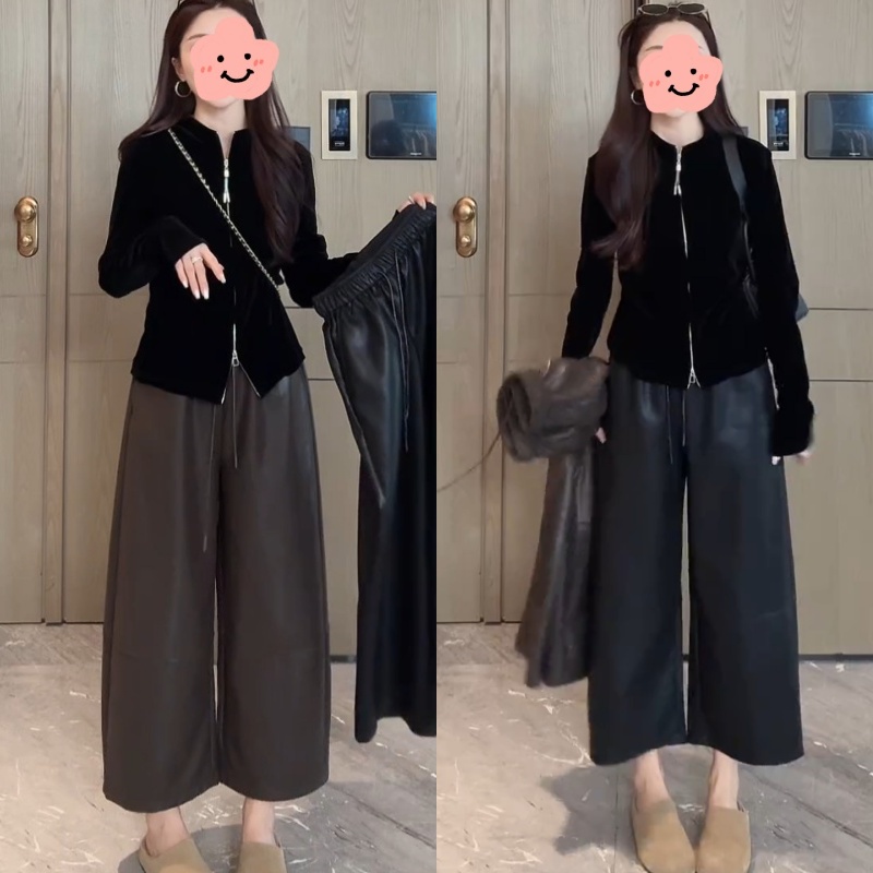 秋季新款休闲长袖外套+慵懒风抽绳宽松百搭pu皮裤LK2506093