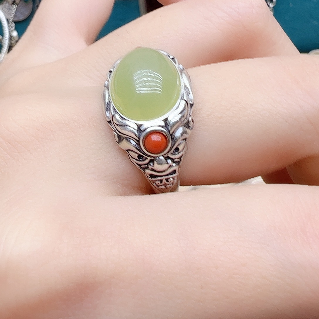 和田玉戒指银S925镶嵌