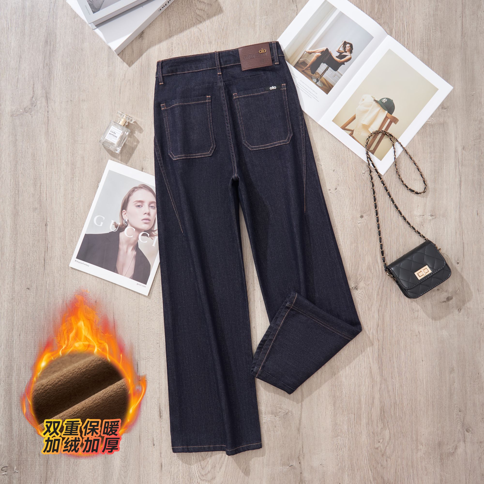 秋冬加厚有加绒不掉色高腰弹力直筒裤女百搭保暖加绒牛仔裤女