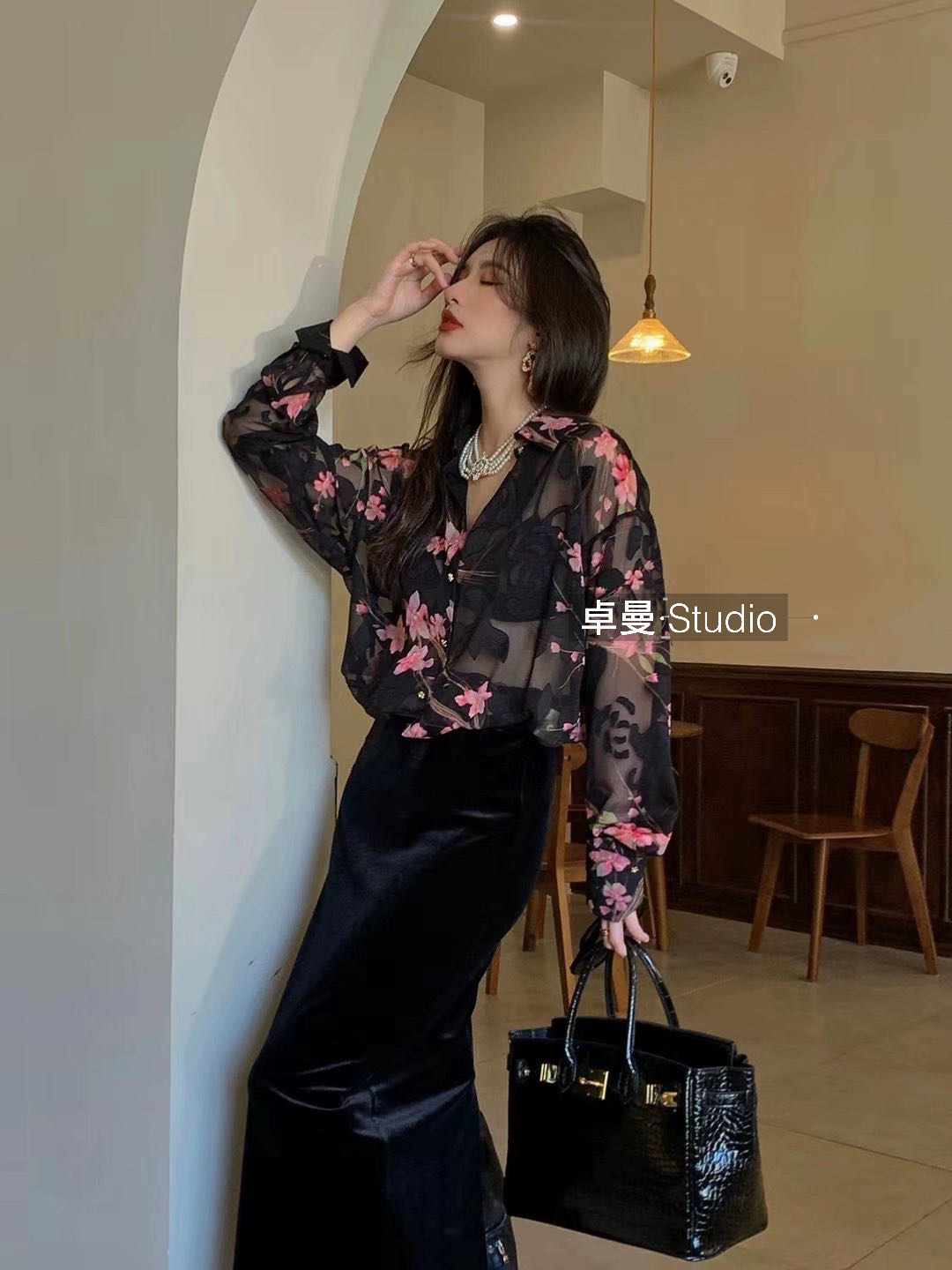 （微透长袖）复古衬衫女提花轻奢花色洋气显瘦百搭气质上衣夏