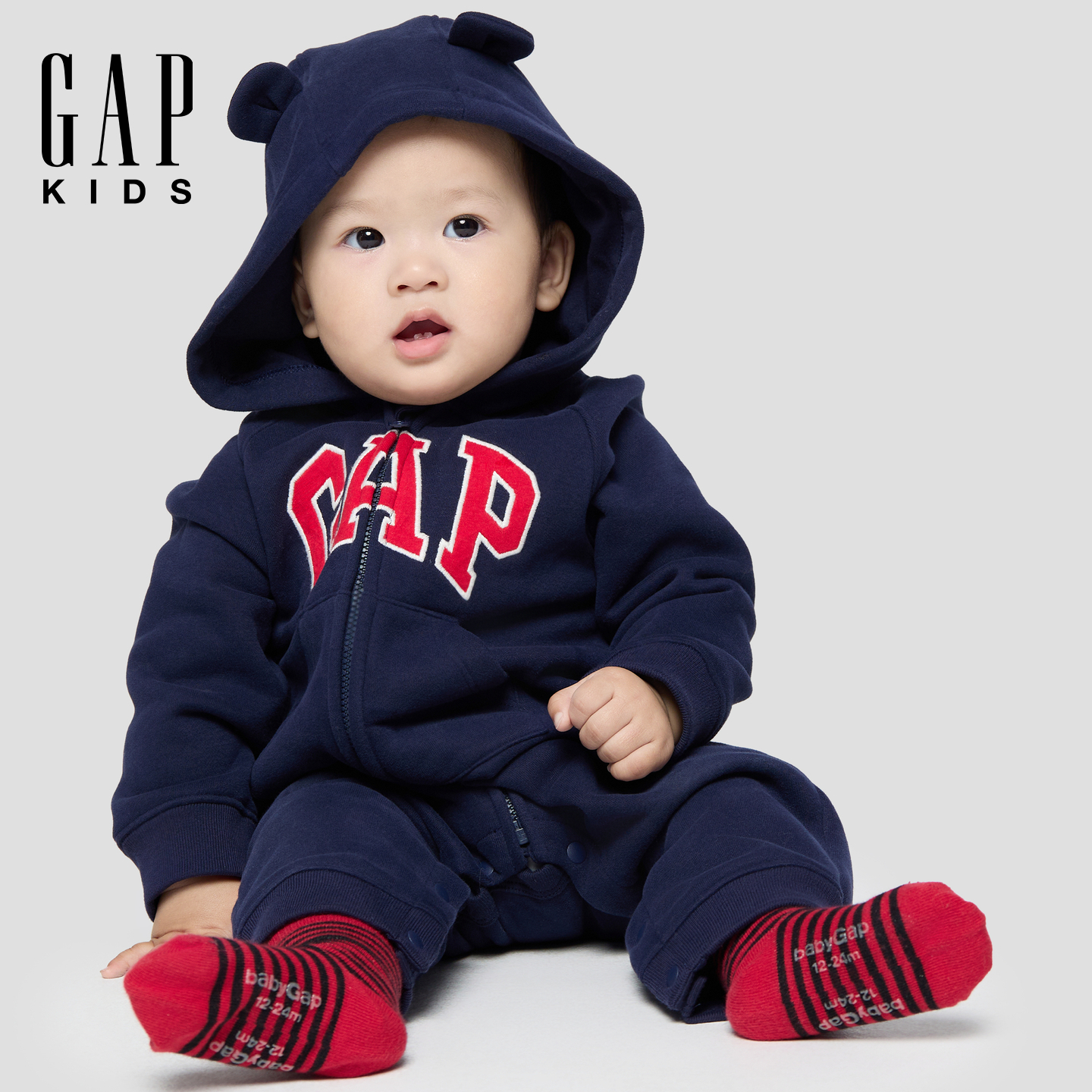 gap童装婴儿2025秋季新款logo小熊宝宝耳朵连帽开裆连体衣805374