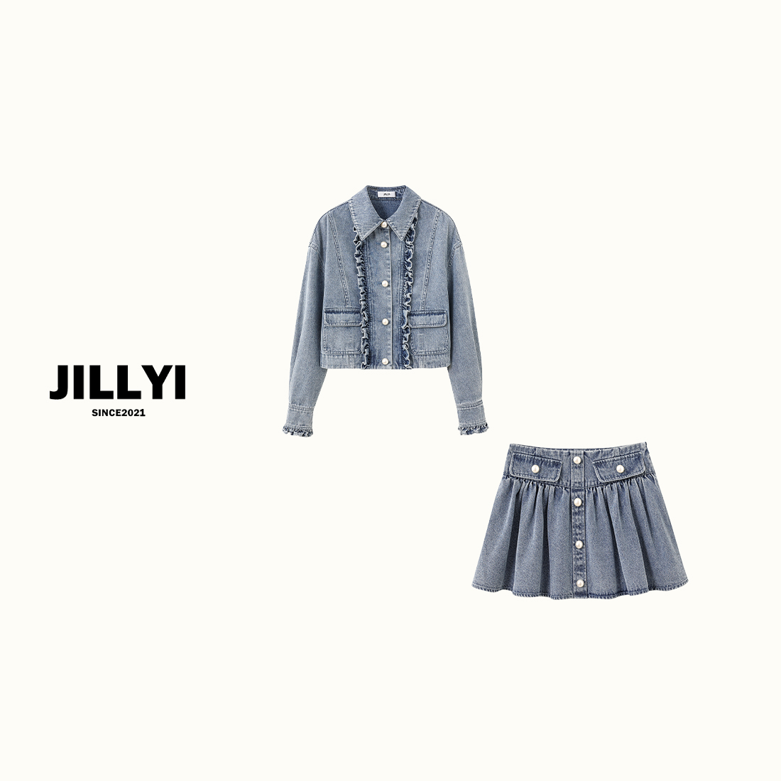 jillyi【斑斓牛仔】水洗蓝木耳工艺外套+水洗蓝半裙街头风套装