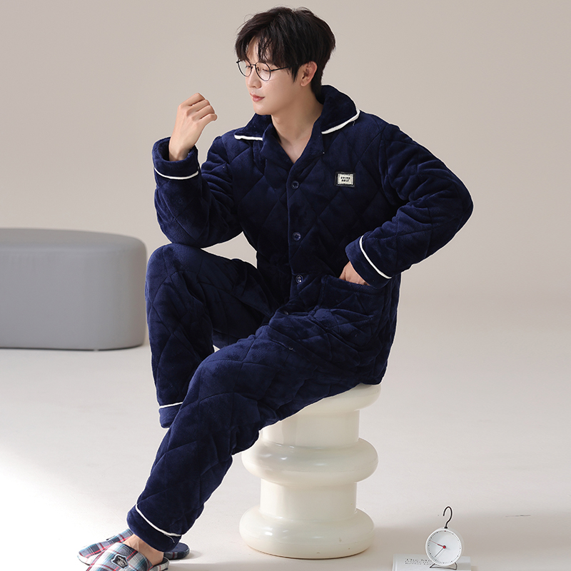 三昌男士睡衣加绒加厚三层夹棉保暖珊瑚绒家居服套装冬季大码男款
