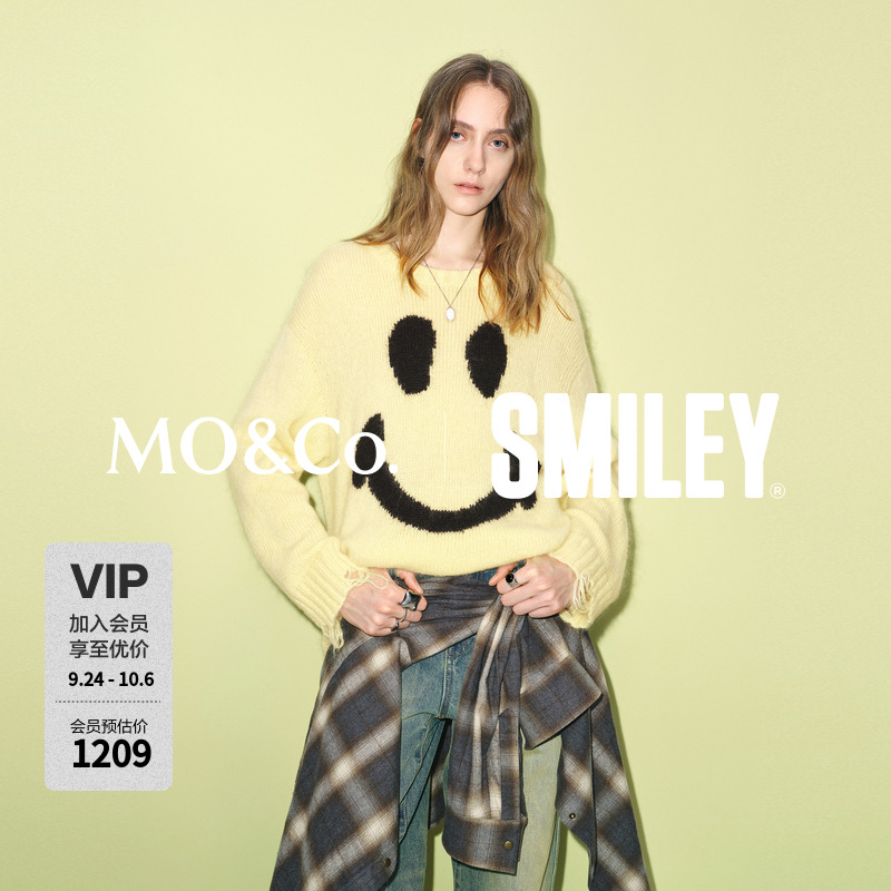 【SMILEY联名】MOCO毛衣含马海毛绵羊毛破洞粉彩风MBE4SWT038