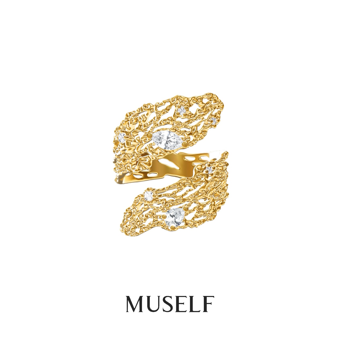 铜合金锆石戒指 MUSELF慕我 叶子戒指 轻奢小众设计感复古