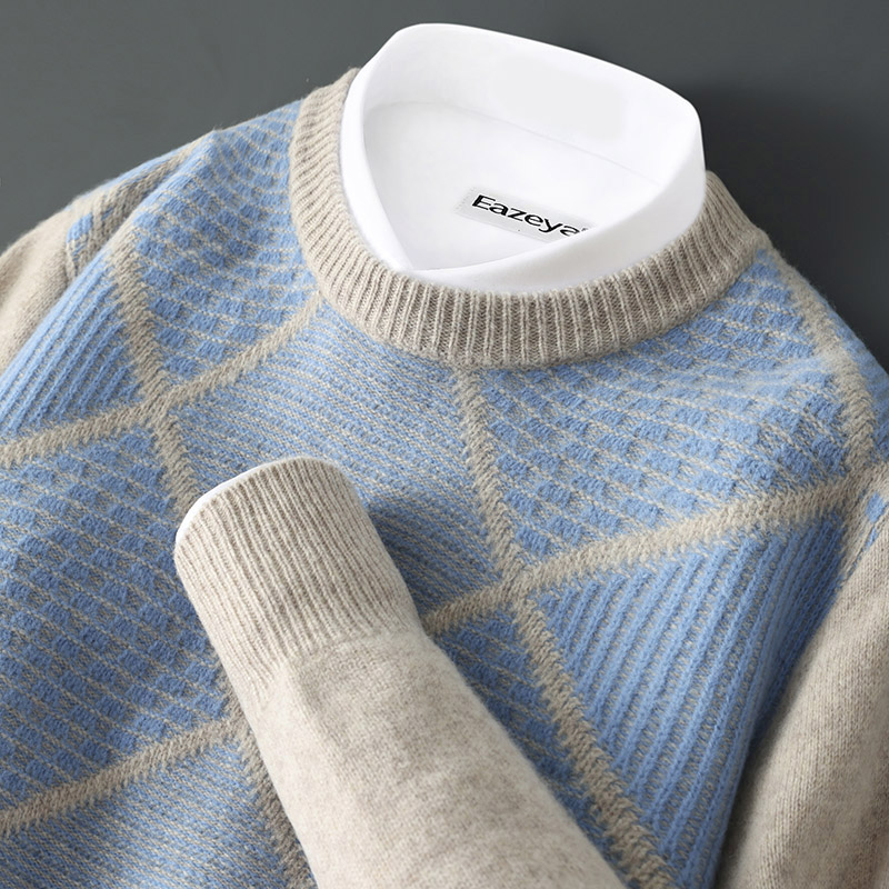 不过实的经典！圆领拼色羊绒衫男提花加厚毛衣时尚休闲针织打底衫