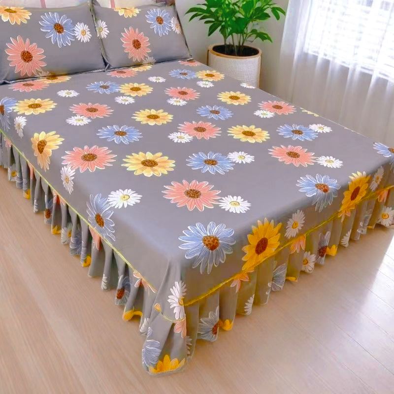 （心想事成太阳花灰色）加厚磨毛暖绒棉单独床裙