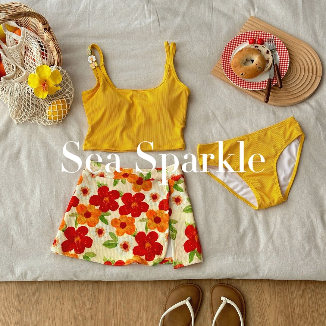 [Sea Sparkle]复古油画ins度假分体沙滩泳衣纯欲吊带亮色出片温泉