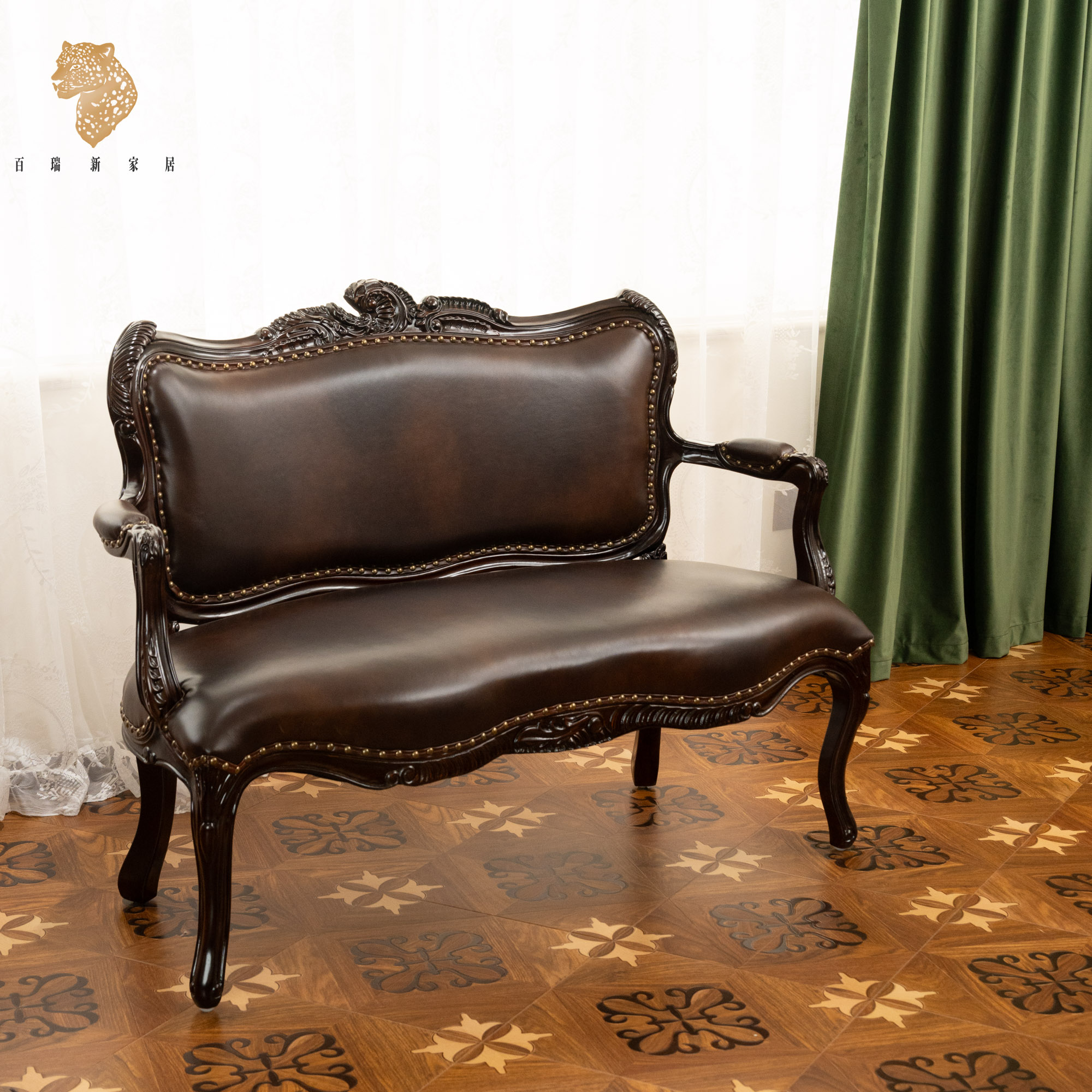 清货—百瑞新美式真皮双人沙发复古真皮卧室休闲椅-YZ-33393