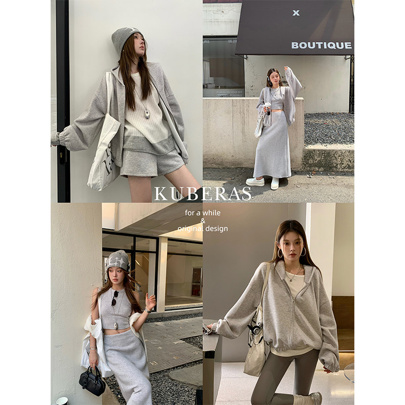 KUBERAS【休闲四件套】简约百搭短背心+连帽卫衣+短裤+长裙 2色入
