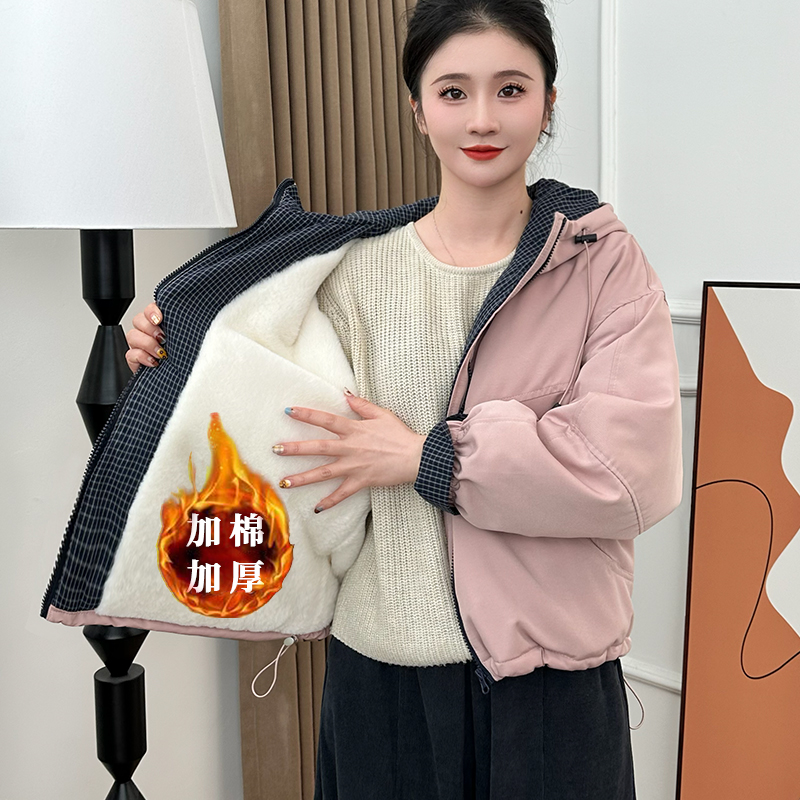 连帽格子拼接棉服外套冬季新款休闲百搭时尚棉衣外套