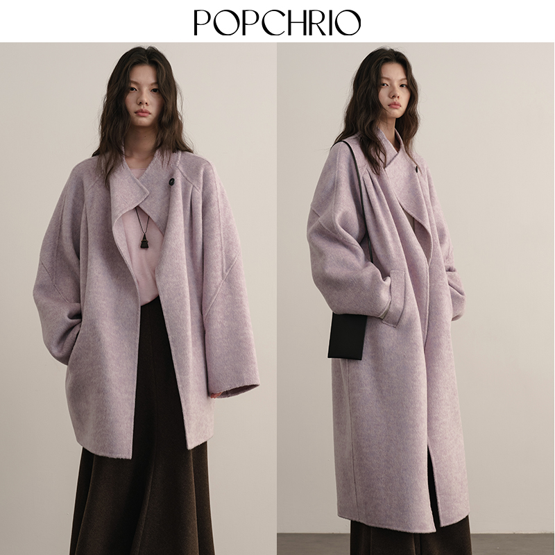 POPCHRIO欧可芮◆驼绒大翻领双面毛呢呢子大衣中长短款羊毛外套女2