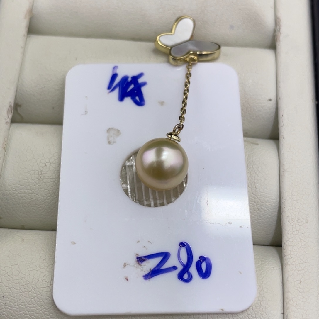 银S925镶嵌颈饰海水珍珠9-10mm金珠吊坠