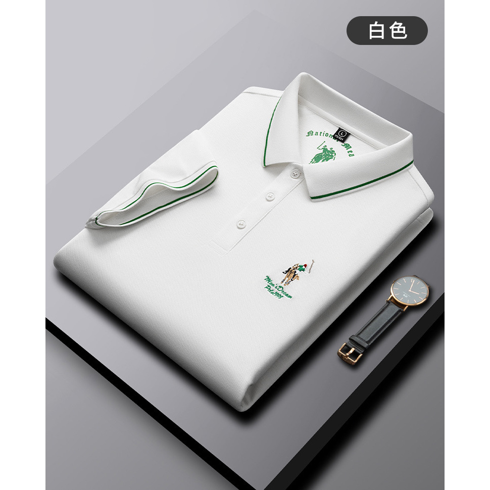 重磅夏季现货新款翻领刺绣透气纯色短袖休闲日常中年商务polo衫男