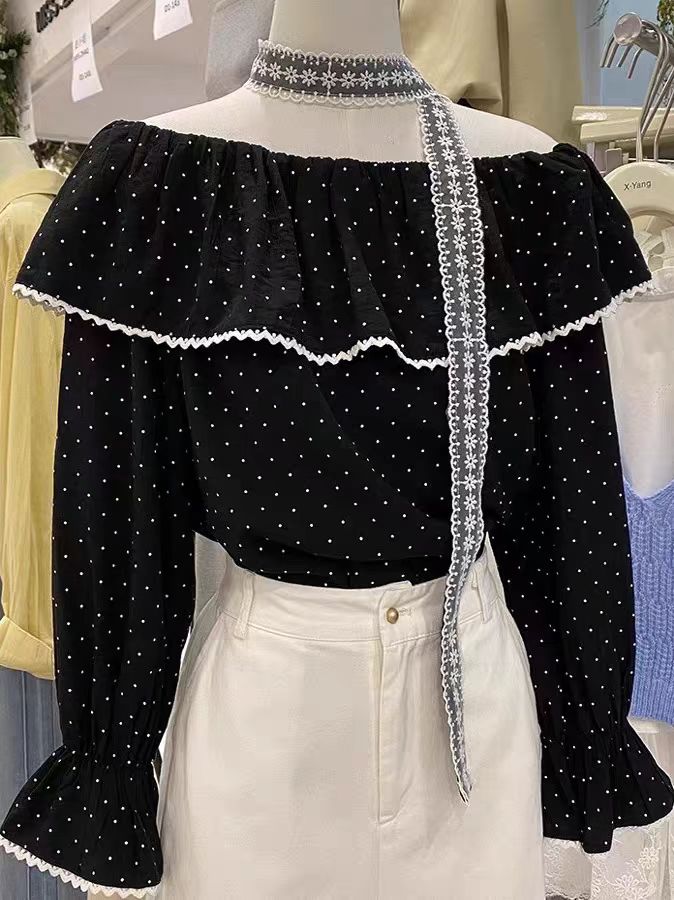 【柚子同款】ZJ夏季微透娃娃领丝带波点长袖上衣6119